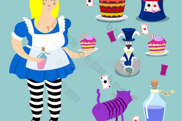 爱丽丝梦游仙境图标集。胖女人和柴郡猫。兔子