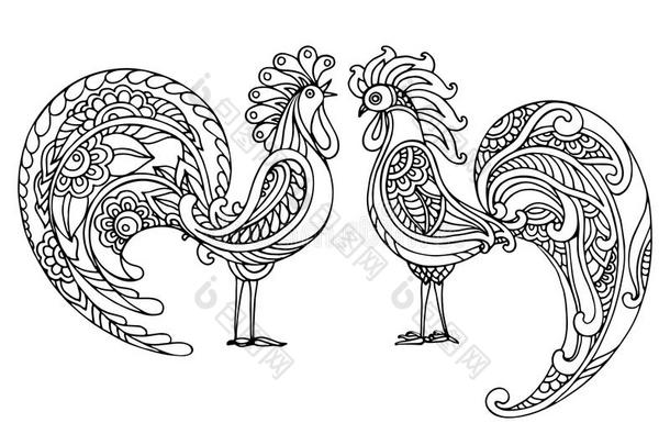 <strong>黑白手绘</strong>矢量插图两个火热的公鸡