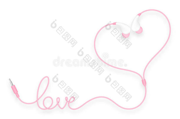 耳机，耳朵类型粉红色和爱情文字由电缆制成