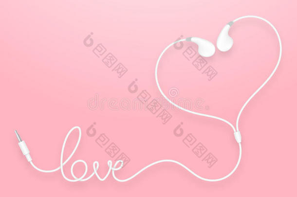 耳机，耳塞式白色和爱情文字由电缆制成