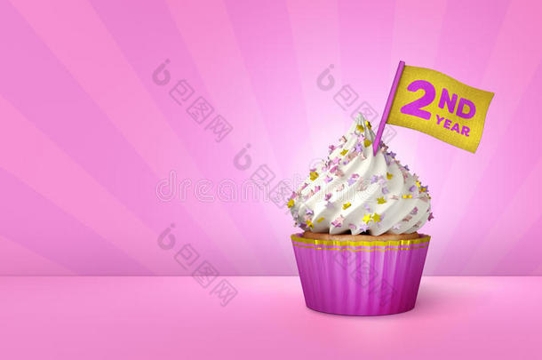 粉红色纸杯蛋糕的三维渲染，纸杯蛋糕周围的金色条纹