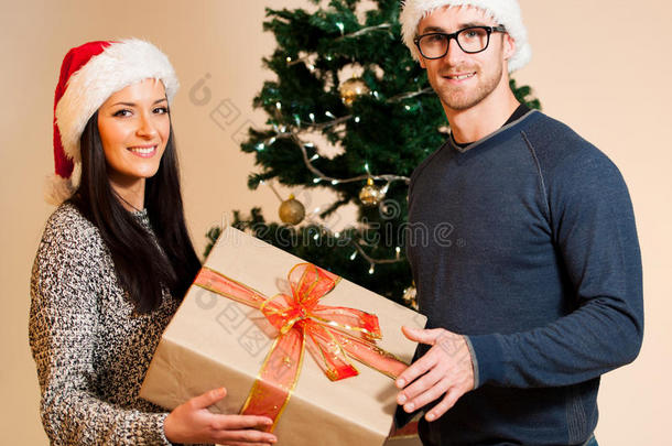 一对年轻的夫妇站在圣诞树前互<strong>相送礼</strong>物。