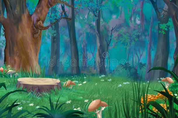 夏天，森林里到处都是大树桩和蘑菇
