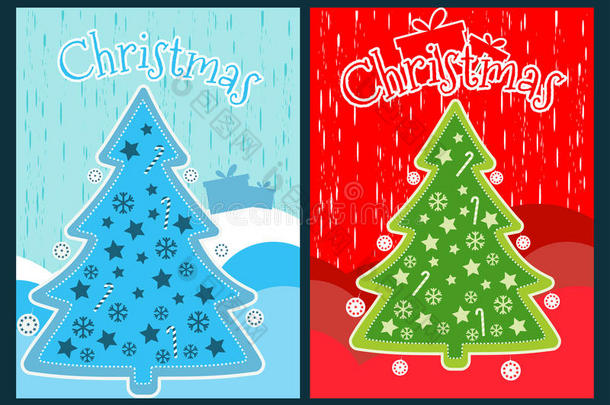 带有圣诞树和装饰品的圣诞<strong>海报</strong>。 <strong>新年</strong>庆祝拼贴。