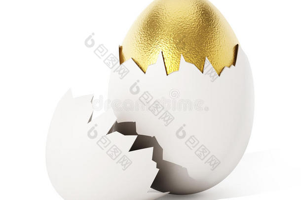 金蛋里面有<strong>破壳</strong>的白蛋。 三维插图