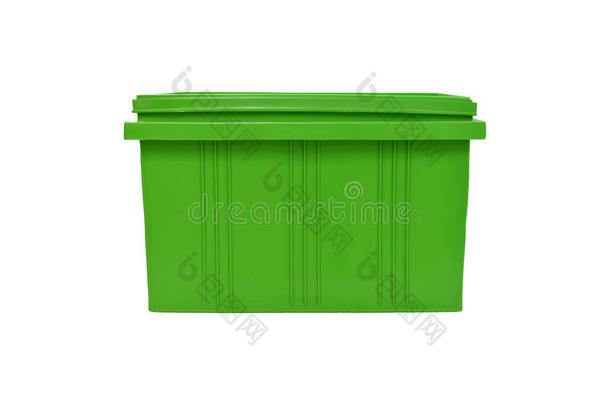 白色背景下<strong>成品</strong>绿色塑料盒包装。