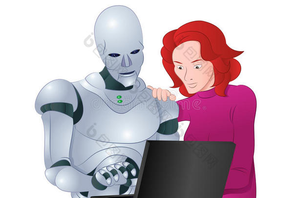 机器人帮助女人学习笔记本电脑