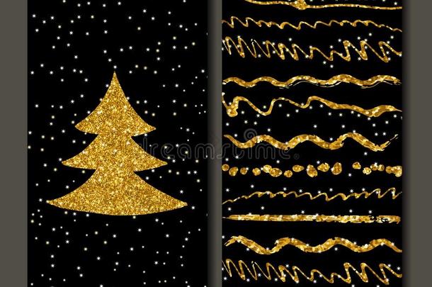 圣诞树上有金色亮片。 收集圣诞卡模板。 圣诞海报一套。 卡片，横幅，邀请函。 新年
