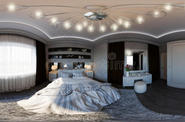 三维插图无缝全景卧室室内设计。