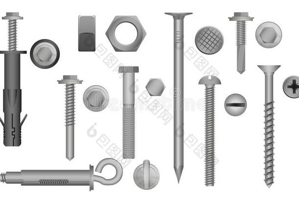 建筑硬件装置。 螺栓，螺丝，螺母和铆钉。 金属固定齿轮元件的矢量图。