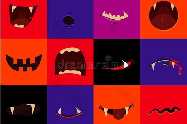 万圣节矢量图标集-卡通怪物嘴。 吸血鬼，狼人，南瓜，鬼魂