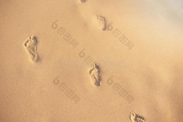 沙子里的脚印。 人类的脚印远离观众。 在沙滩上的一排脚印