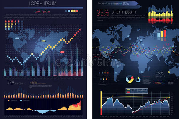 带有世界信息图形地图的图形图表