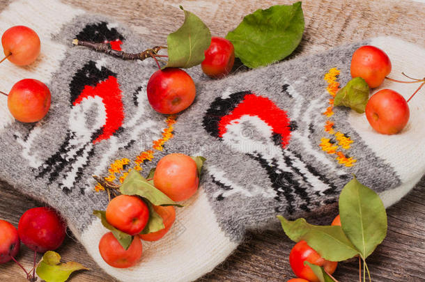 手工制作的乡村袜子，木制背景上有一种牛翅图案，红色的野生苹果。 冬天和圣诞节