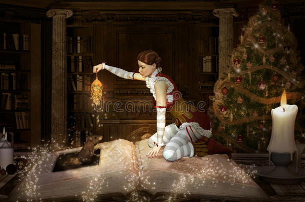圣诞精灵坐在一本带<strong>灯笼</strong>和老鼠的书上