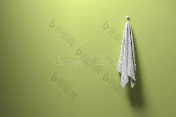 三维渲染：插图一条干净的白色毛巾挂在绿色的粘贴墙上，光影，复制空间