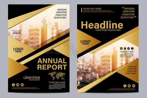 黄金小册子版面设计模板。 年度报告传单封面介绍现代背景。 插图向量在A4中