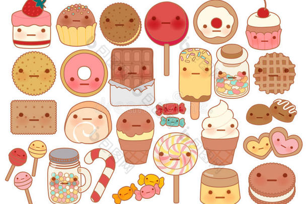 收集可爱的婴儿甜和甜点涂鸦图标，可爱的蛋糕，可爱的糖果，甜冰淇淋，卡瓦伊果冻豆