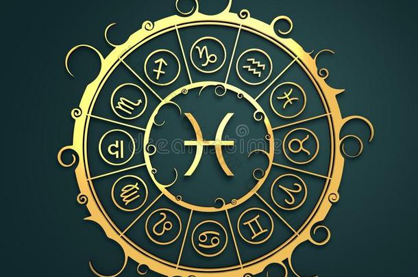 金色圆圈中的占星术符号。 鱼的标志