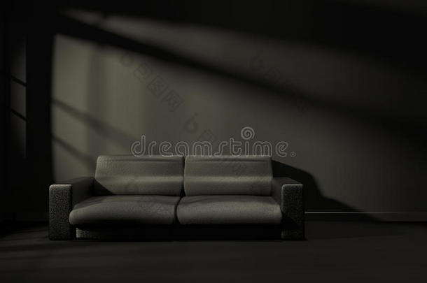 三维渲染：现代黑色感觉室内插图与现代皮革沙发家具在房间的中间