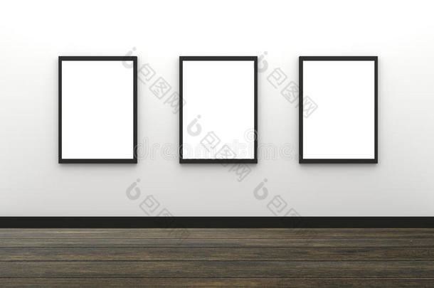 三维渲染：三个空白黑色相框挂在白色墙壁内部与木地板，裁剪路径内
