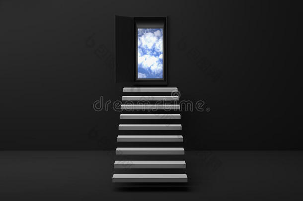 三维渲染：在一扇门上的楼梯或台阶对着黑色的墙壁和地板，打<strong>开通</strong>往蓝天的门