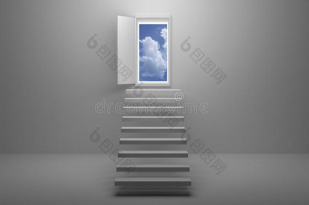 三维渲染：在白色墙壁和地板上的一扇门上的楼梯或台阶的插图，打<strong>开通</strong>往蓝天的门