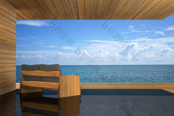 三维渲染：现代木沙发室内装饰插图，阳台室外木房风格与阳台