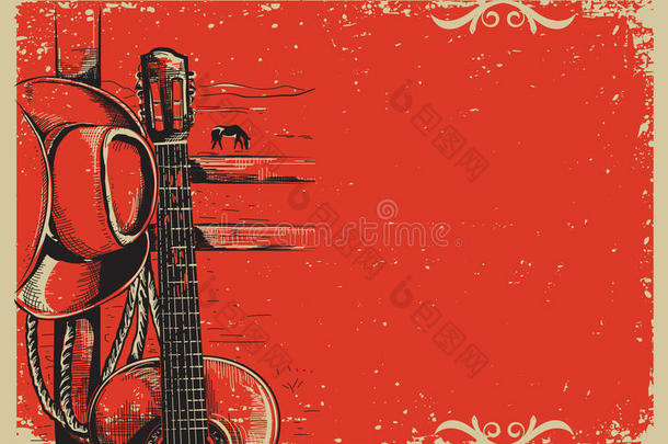 乡村音乐海报与牛仔帽和吉他在<strong>老式</strong>海报