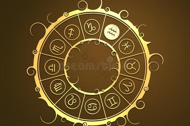 金色圆圈中的占星术符号。 持水标志