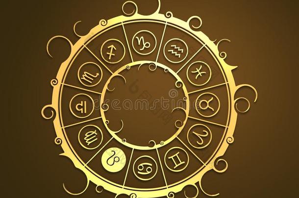 <strong>金色圆圈</strong>中的占星术符号。 狮子星座
