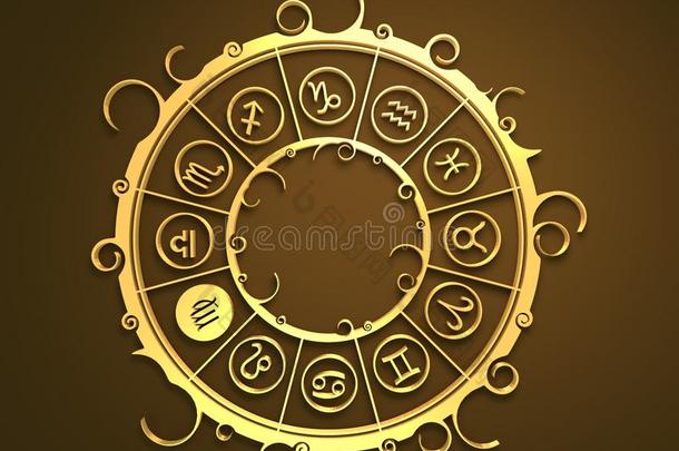 <strong>金色圆圈</strong>中的占星术符号。 少女的标志