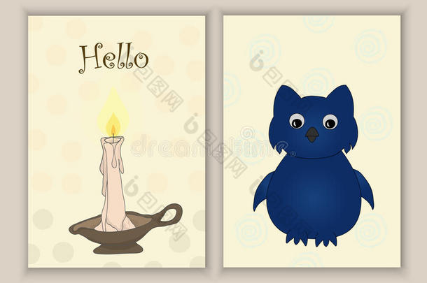 可爱的手绘涂鸦明信片与蜡烛，猫头鹰。 可打印模板集