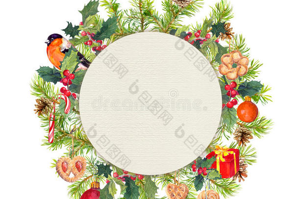 圣诞花环-松枝，鸟，槲寄生，礼物盒。 水彩画