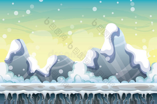 卡通矢量雪景观背景，分层游戏和动画