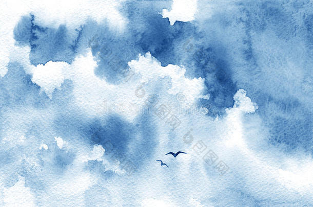 蓝色水<strong>彩云</strong>，鸟和天空。春天，夏天的背景。