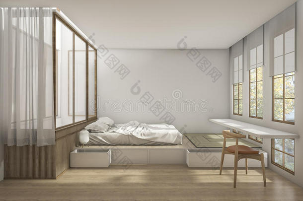 3d渲染日式卧室，装饰简约