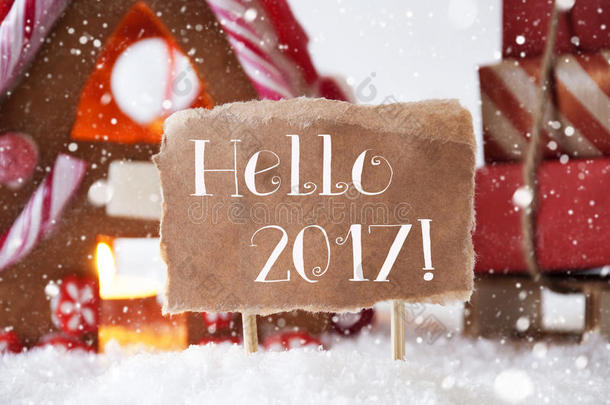 姜饼屋带雪橇，雪花片，文字你好2017