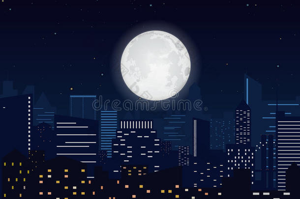 夜晚的城市。 城市景观夜间剪影与大月矢量插图。