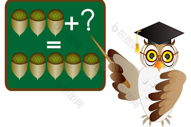 儿童教育游戏，卡通插图数学添加与猫头鹰老师。