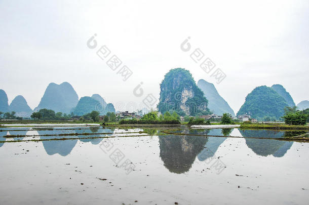 春天美丽的喀斯特山和乡村风景