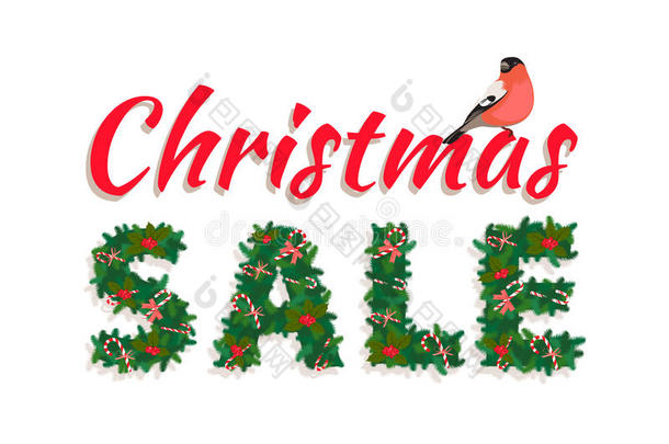 节日圣诞树新年花环，销售刻字，糖果，鸟，白色背景。 购物促销横幅或海报。 弗拉