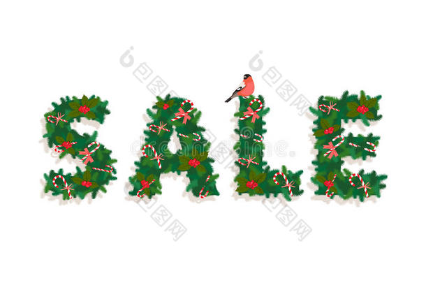 节日圣诞树新年花环，销售刻字，糖果，鸟，白色背景。 购物促销横幅或海报。 弗拉