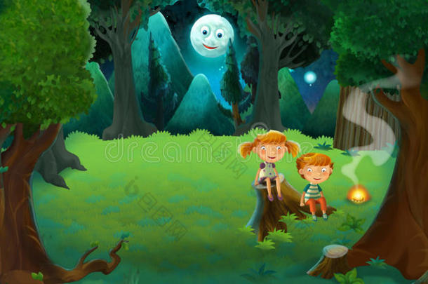 卡通色彩斑斓的森林景象，夜晚与男孩和女孩在火旁