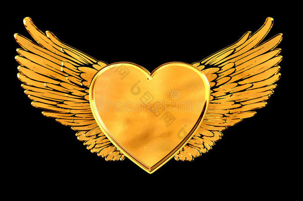 金色的心，翅膀在黑色的背景上