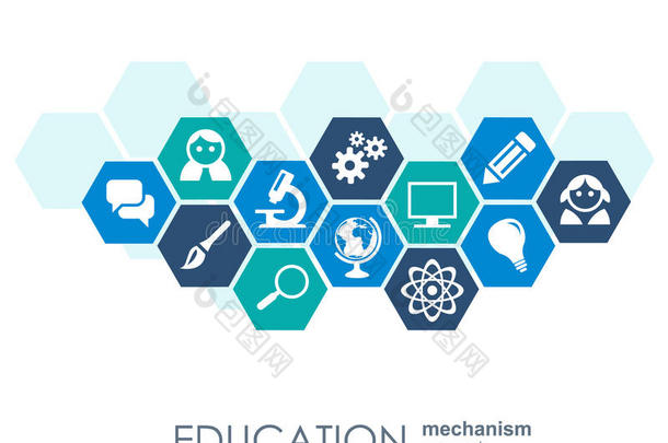 教育网络。 六边形抽象背景与线条，多边形，并集成平面图标。 连接符号为