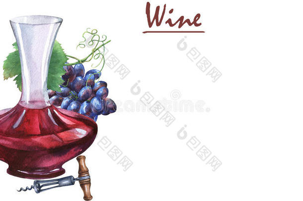 安排一串新鲜葡萄，开瓶器，开瓶器和一杯红酒。