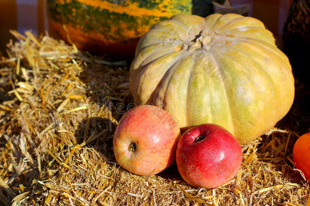 <strong>感恩</strong>节的背景，秋天的干草背景上<strong>有</strong>红苹果和南瓜