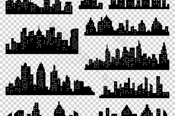 城市剪影矢量集。 全景背景。 天际线城市边界收集。 有窗户的建筑物