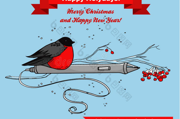 可爱的圣诞节与红色的鸟和笔的图形平板电脑